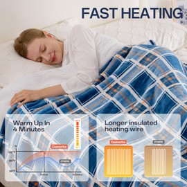 Heated Blanket Electric Throw, Heating Throw with 8 Hours Auto Off & 8 Fast Heating Levels, Blue White Plaid Checkered Sherpa Blanket Warmer for Adults, Washable Blanket Gift for Couch Bed (50x60 in)