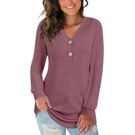 BISHUIGE Womens Button Up Tshirts Long Sleeve Henley Tunic Tops V Neck Casual Sweatshirt XXL, Brown Red