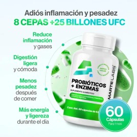 Amarte Labs Probióticos + Enzimas Digestivas | Digestión, Flora Intestinal y Absorción | 25 Billones UFC + Prebiótico | Cápsula Entérica | 60 Cápsulas