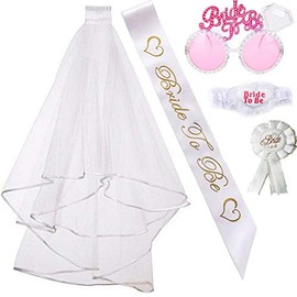 Bachelorette Party Bride to Be Kit, 1 White Double Ribbon Edge Center Cascade Bridal Wedding Veil with Comb, 1 Bride to Be Satin Sash, 1 Badge, 1 Leg lace, 1 Pink Bride to be Glasses
