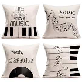 ShareJ Set of 4 Cotton Linen Music Theme Pillow Covers Words Print Life Would Be A Mistake Without Music Home Decorative Pillows Cases 45x45cm 18 x 18 Inch