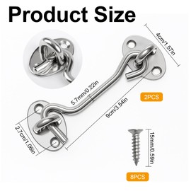 4 Inch Hook and Eye Latch Silver, 2 Pcs Stainless Steel Cabin Hooks with Screws, Gate Hook for Doors, Sheds and Windows