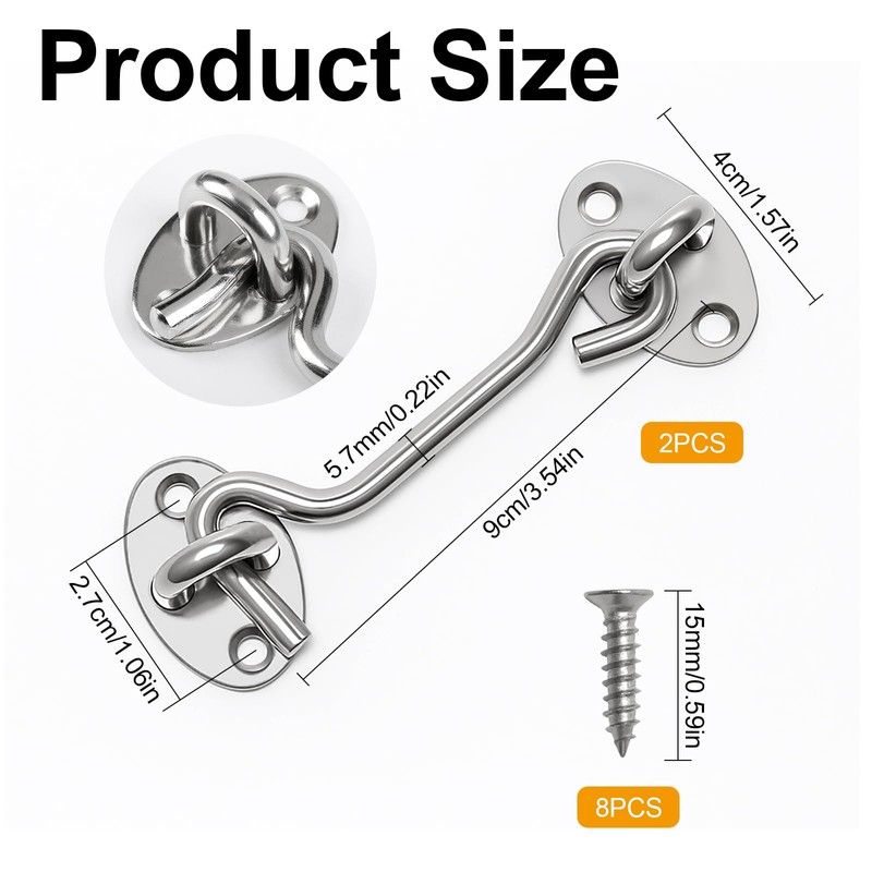 4 Inch Hook and Eye Latch Silver, 2 Pcs Stainless