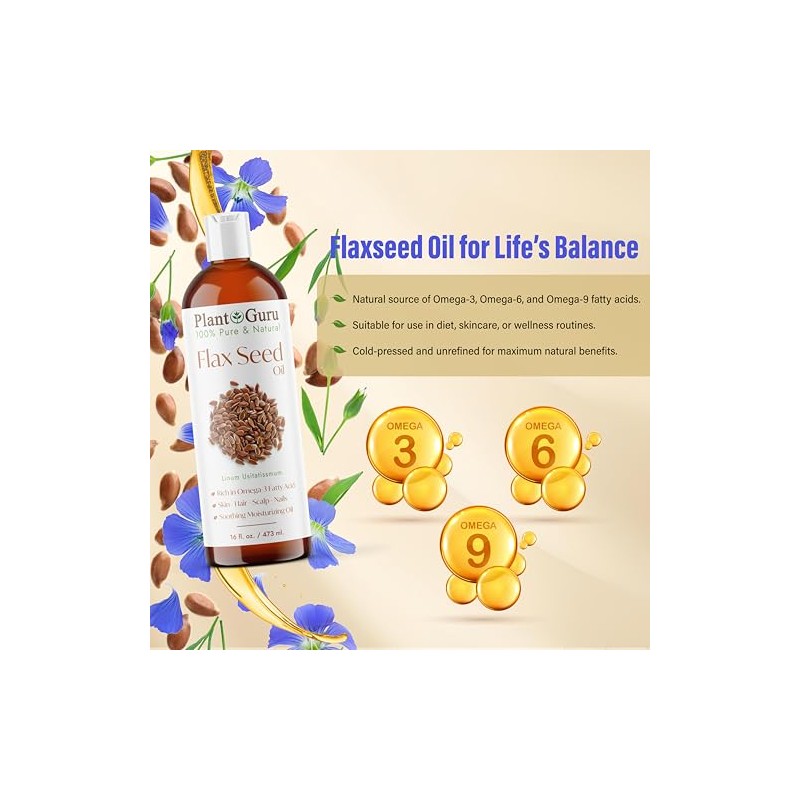 Flaxseed Oil 16 oz. Virgin, Unrefined Cold Pressed 100 Pure
