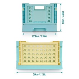 HOYA PONYOO 2-Pack Pastel Plastic Storage Crates, Foldable & Stackable Crates for Home, Office, Bathroom, 12 x 8.7 x 7 Collapsible Organizers, Blue＆Yellow, Middle
