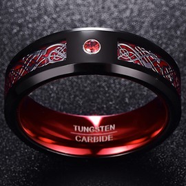 Vakki Tungsten Carbide Wedding Band / Ring, with Zircon and Dragon Inlay, Comfort Fit, Sizes L to Z, 8 mm, Black and Red, Tungsten, Black + red