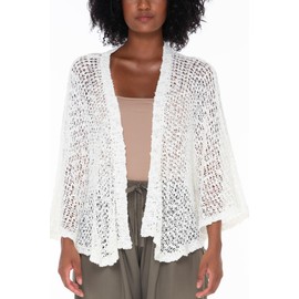 SHU-SHI Lightweight Open Front Cardigan for Women Hollow Out Sweater Knitted Poncho Batwing Loose Popcorn Shawl Boho Wrap Off White