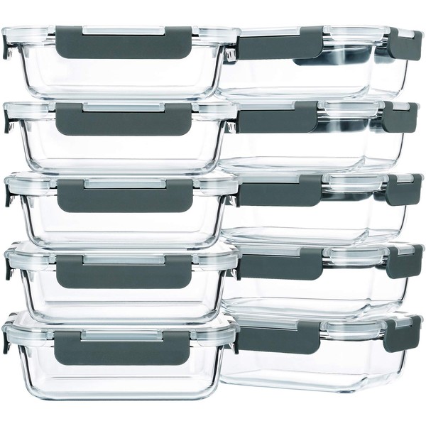 M MCIRCO 10-Pack,22 Oz Glass Meal Prep Containers,Glass Food Storage Containers with lids,Glass Lunch Containers,Microwave, Oven, Freezer and Dishwasher (Gray)