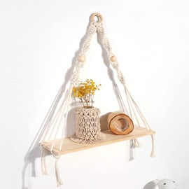 Macrame Hanging Shelves Boho Wall Decor, Rustic Wood Floating Storage Shelf for Bedroom Bathroom Living Room Nursery Dorm Room, Display Shelving for Hanging Plant Photo,Small Kitchen Shelves with Rope
