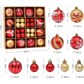 44pcs Christmas Baubles Shatterproof Christmas Ball Ornaments Hanging Baubles Christmas Tree Decorations Set Xmas Tree Baubles for Hanging Festive Holiday Decor (red and gold)