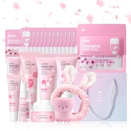 LAIKOU Set de Cuidado Facial Sakura para Adolescentes Kit Completo de 34 Piezas con Mascarillas de Barro Cepillo Pulpo y Banda de Spa