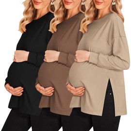 Ekouaer Women Pregnancy T Shirt 3 Pack Maternity Shirt for Expecting Mama Clothes Pregnant Tshirt Black/Brown/Khaki XL