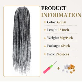 Box Braids Crochet Hair, 18inch Pre Looped Goddess Box Braids Crochet Hair, 6 Packs Braiding Hair Extensions, Crochet Box Braids Synthetic Braiding Hair for Black Women (1B/Grey, Box 18inch)