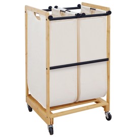 STO STO 2-Section Laundry Sorter with Bamboo Frame, Rolling Laundry Hamper Basket with Removable Bags and Lockable Wheels, Laundry Cart for Clothes Storage in Bedroom & Laundry Room, Beige