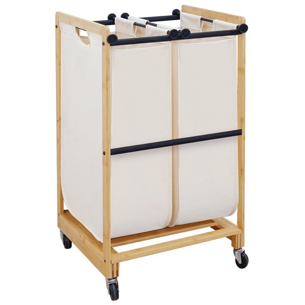 STO STO 2-Section Laundry Sorter with Bamboo Frame, Rolling Laundry