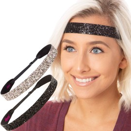 Hipsy Adjustable No Slip Wide Bling Glitter Headband 2-packs for Women Girls & Teens (Black & Rose Gold)