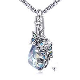 Butterfly Crystal Urn Necklace For Ashes 925 Sterling Silver Butterfly Teardrop Urn Holder Necklaces For Women