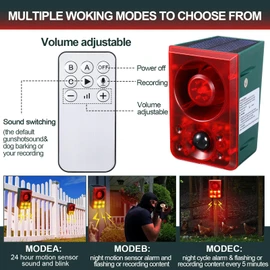 Qualirey 4 Pcs Solar Outdoor Motion Sensor Alarm Animal Deterrent Gunshot Sound Dog Barking 130db Loud Noise Maker 3 Modes with USB Remote Control, Support Recording and Volume Adjustment (Red)