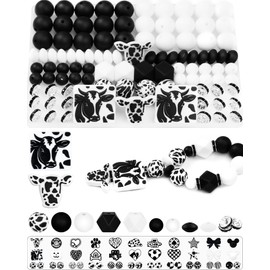 102PCS FIVEIZERO Black & White Focal Silicone Beads for Keychain Making – Cow, Round, Lentil, Hexagon & Rhinestone Spacer Beads for Pens, Bracelets & DIY Crafts (Cow Style)