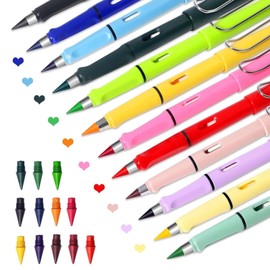 PWCTNT Ewiger Bleistift, Stifte Kinder, 12 Stück Zauberbuntstifte mit Radiergummi, Zauberbleistifte mit 12 Ersatzspitzen, Ewiger Bleistifte Set Geschenk für Kinder und Studenten