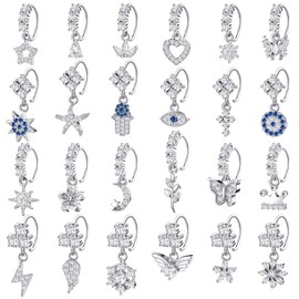 Bonuci 24 Pcs Dangle Nose Rings Hoops 20g Heart Star Moon Flower Cute Nose Rings Nose Piercing Hoop Jewelry Cartilage Earring for Women(Silver)