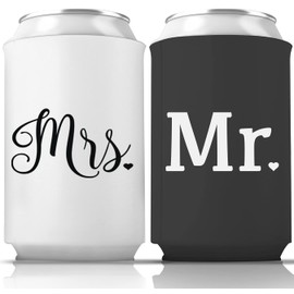 Pretty Robes Mr and Mrs Can Coolers Couples Collapsible Bottle and Can Sleeves Insulator Couples Can Cooler Set for Wedding, Engagement, Anniversary, Bridal Showers