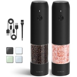 Ultrean Electric Salt and Pepper Grinder Sets, Rechargeable Automatic Salt Pepper Mill Grinder with 6 Adjustable Coarseness, LED Light, One-Hand Operation for Kitchen, Restaurant, BBQ (Black)