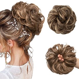 JJstar Hairpiece with Elastic Band, Large Bun Hairpiece, Curly Hair Scrunchie with Hair Updo Hair Extensions, Messy Bun Hairpieces for Women, Girls, Ponytail (Brunette and Honey Blonde)