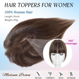Carendia Hair Toppers for Women Real Human Hair, 360° Cover Clip in Bangs Medium Brown Wispy Bangs HairPieces for Women Daily (Medium Brown, 3D Bangs)