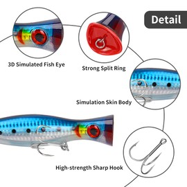 ansari 2 Pcs Saltwater Fishing Popper Lure 4.92 in/1.41 oz Topwater Popper Lure Artificial Lure Big Game 3D Eyes Hard Baits with Treble Hooks for Striped Bass,Trout,Tuna,Bluefish