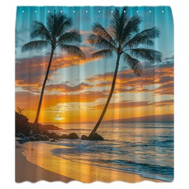 QSSMQS Tropical Beach Shower Curtain Palm Tree Ocean Sunset Orange Sky Hawaiian Seaside Coastal Nature Scenery Sea Wave Fabric Curtain with Hook