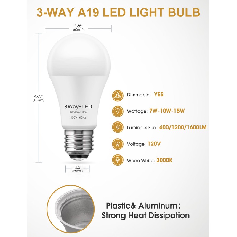 Briignite 3 Way LED Light Bulbs, 4 Pack, Soft White