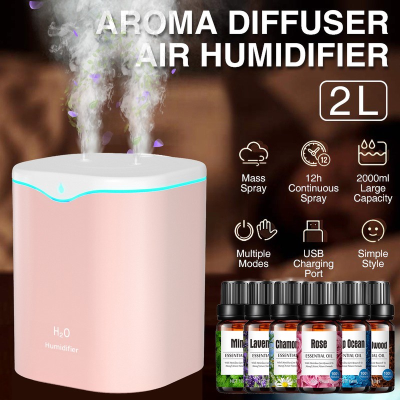 2L Double Spray Humidifiers with LED light Cool Mist Auto