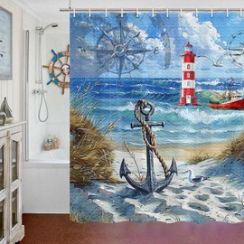 Jipusai Nautical Beach Shower Curtains for Bathroom, Lighthouse Ocean Coastal Shower Curtain, Anchor Compass Sailboat Beach Theme Waterproof Fabric Bathroom Curtain with Hooks,70X75IN Blue