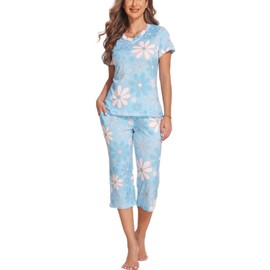Ekouaer Womens Loungewear Set Capri Pajama Sets Short Sleeve Pjs V Neck Tops & Capri Pants with Pockets, Sky blue, XL