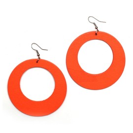 Idin Drop Earrings - Orange large round wooden hoop dangle earrings (Length approx. 85 mm, wood diameter: 65 mm.)