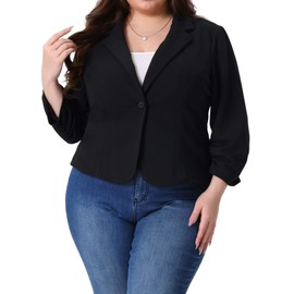 Agnes Orinda Plus Size Casual Blazers for Women 3/4 Ruched Sleeve Notch Lapel Work Office Lightweight Crop Suit Blazer 1X Black