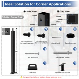 Gyykzz T-drilled Corner Cable Railing Post 36" (Post 35"x2"x2"), Three Sides Adjustable Top Corner Post with Cable Grommets, Stainless Steel 304 Handrail Post, Black Finish Flat Top Deck Corner Post