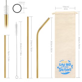 ecooe Metal Straws, Reusable Drinking Straws, Stainless Steel, 12 Golden Thin Drinking Tube Set, Party Straws, BPA-Free with 2 Cleaning Brushes, Dishwasher Safe, for Cocktail, Smoothie and Juices