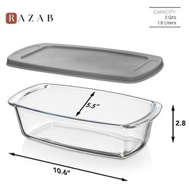 Razab LARGE 7.6 Cups/1800 ML/1.9 Qt Glass Loaf Pan with Lids - Meatloaf Pan BPA free Airtight Lids Grip Handle Easy Carry, Microwave and Oven Safe - Loaf Pans For Baking Bread, Cakes, Glass Loaf Pan