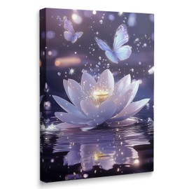 Framed Zen Meditation Serene Purple Lotus Flower Floral Canvas Wall Art, Spiritual Bathroom Butterfly Waterfall Room Decor, Relaxing Flower of Life Pictures Artwork Ready to Hang (12"x16")