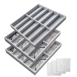 TANEMUDO 3 Pcs Sunglasses Organizer Storage Tray with 10 Grids Stackable Ice Velvet Holder Display with 10 Sunglasses Cleaning Cloth Eyewear and Watch Tray for Women (Gray)