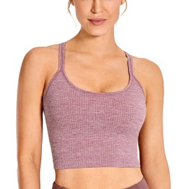 CRZ YOGA Womens Longline Seamless Ribbed Sports Bra - Padded Racerback Sports Bra Yoga Crop Tank Tops Misty Merlot Large