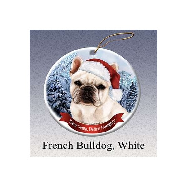 Holiday Pet Gifts French Bull (White) Santa Hat Dog Porcelain Christmas Ornament