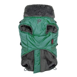 Puppia Isolde Mock Neck Full Zip up Warm Winter Jumper Vest with Integrated Harness for Small and Medium Dogs, Green, Medium