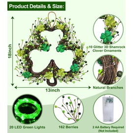 St Patricks Day Decorations, Shamrocks Wreath for Front Door, 20 Green Lights Timer Battery Operated 18 Inch 10 Shamrocks 162 Berries Battery Operated Spring Artificial Wreath St. Patrick's Day Decor