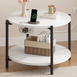 LIKIMIO Round Coffee Table with Charging Station, 2-Tier Wooden Coffee Table with Storage Shelf, Modern Side End Table for Living Room, Bedroom, Office, White