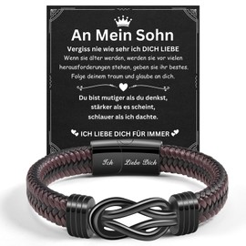 TERRISHE Gift for Men Black Leather Bracelet Gift for Dad Son Couples Husband Boyfriend Leather Bracelet with Engraving Christmas Valentine's Day Birthday Gift for Men, Stainless Steel