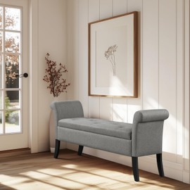 Yaheetech Fabric Modern Tufted Large Storage Bench with Rolled Arms Cushioned Storage Bench Entryway Bench Functional Storage Bench Footstool Foot Rest for Living Room Bedroom Window Side Light Gray