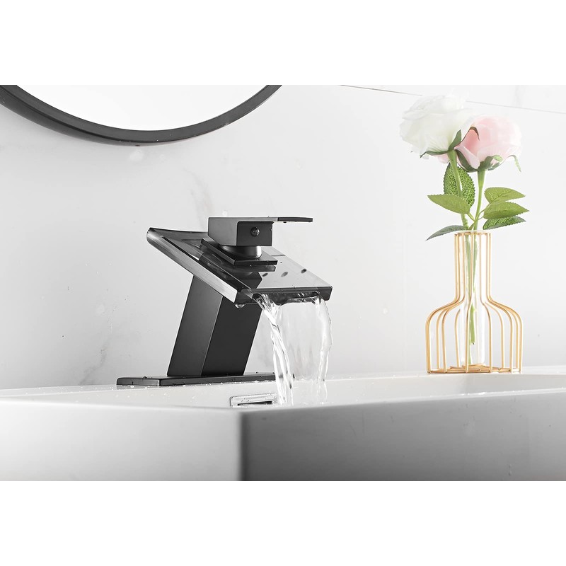 Bathroom Faucet Black Waterfall Glass Spout Single Handle One Hole